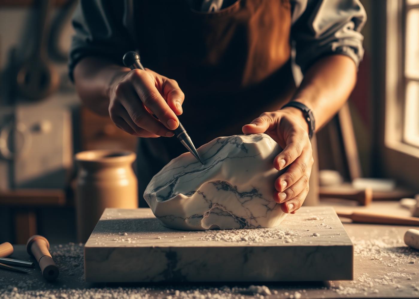Artisan carving a block of natural marble by hand